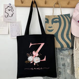 New Black Personalized Customized Name Fashion Women Pink Flower Letter Canvas Bag Leisure Shopping Large Capacity Folding Gift