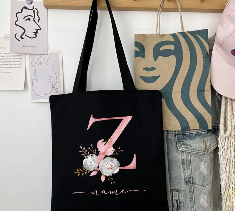 New Black Personalized Customized Name Fashion Women Pink Flower Letter Canvas Bag Leisure Shopping Large Capacity Folding Gift