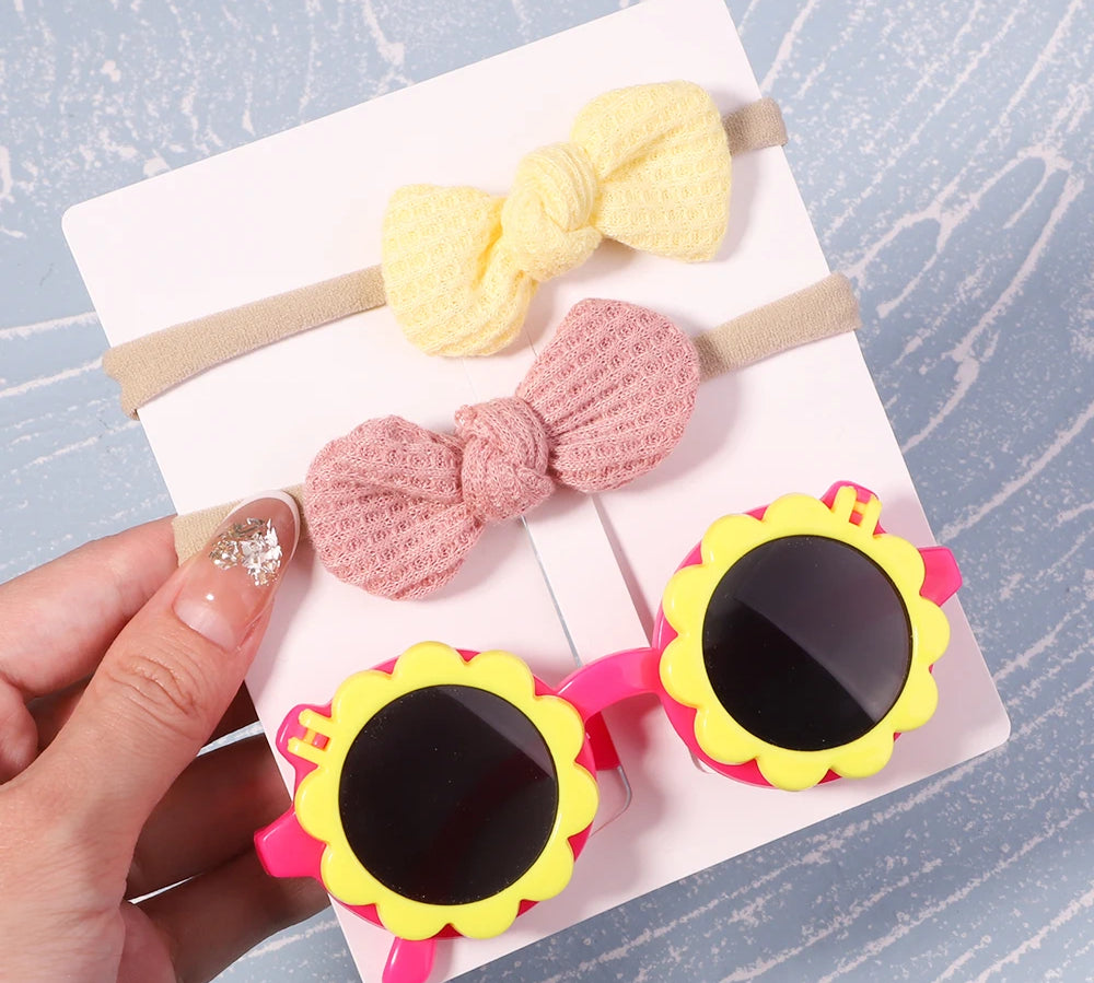 2Pcs/Pack Vintage Kids Summer Bows Headband Round Sunglasses Children Sun Glasses Protection Glasses Baby Hair Accessories