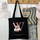 New Black Personalized Customized Name Fashion Women Pink Flower Letter Canvas Bag Leisure Shopping Large Capacity Folding Gift