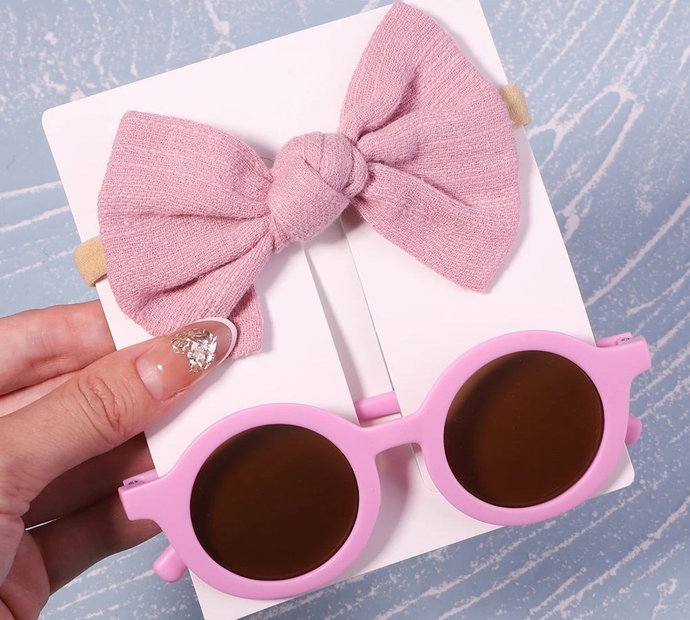 2Pcs/Pack Vintage Kids Summer Bows Headband Round Sunglasses Children Sun Glasses Protection Glasses Baby Hair Accessories