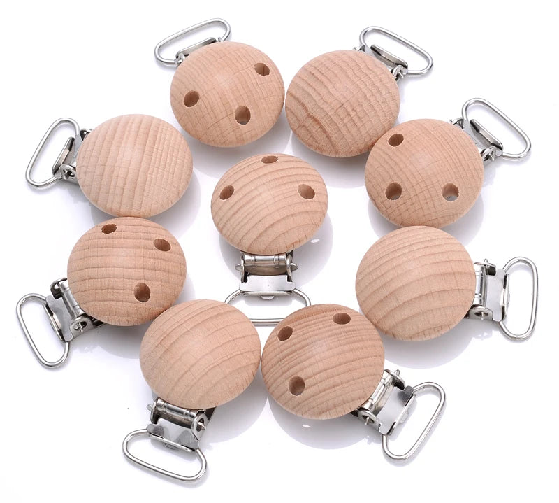 10Pcs Beech Wooden Pacifier Clip Baby Teether Soother Clasp Metal Nursing Accessories Chewable Teething Diy Dummy Clip Chains