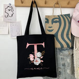 New Black Personalized Customized Name Fashion Women Pink Flower Letter Canvas Bag Leisure Shopping Large Capacity Folding Gift