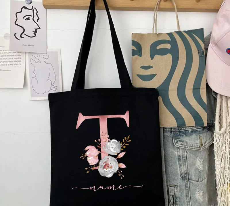 New Black Personalized Customized Name Fashion Women Pink Flower Letter Canvas Bag Leisure Shopping Large Capacity Folding Gift