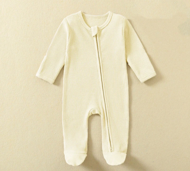 Organic Cotton Baby Rompers Waffle 100% Cotton Infant Boys Girls Jumpsuit Zipper Footed Solid Long-Sleeve Pajamas Sleepsuits