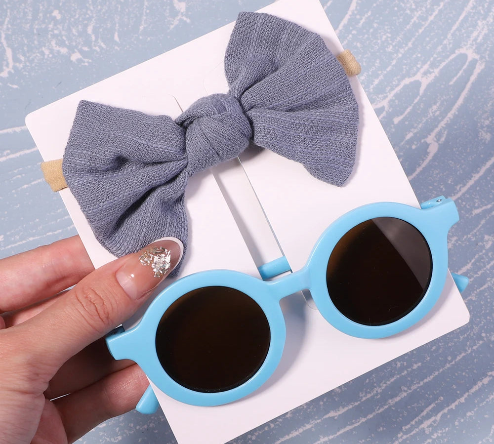 2Pcs/Pack Vintage Kids Summer Bows Headband Round Sunglasses Children Sun Glasses Protection Glasses Baby Hair Accessories