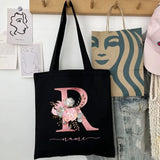 New Black Personalized Customized Name Fashion Women Pink Flower Letter Canvas Bag Leisure Shopping Large Capacity Folding Gift