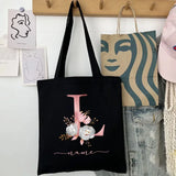 New Black Personalized Customized Name Fashion Women Pink Flower Letter Canvas Bag Leisure Shopping Large Capacity Folding Gift