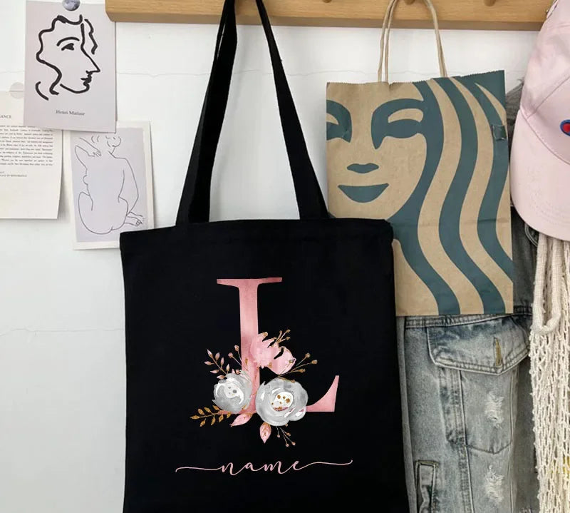 New Black Personalized Customized Name Fashion Women Pink Flower Letter Canvas Bag Leisure Shopping Large Capacity Folding Gift