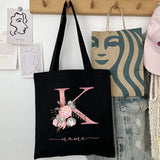 New Black Personalized Customized Name Fashion Women Pink Flower Letter Canvas Bag Leisure Shopping Large Capacity Folding Gift