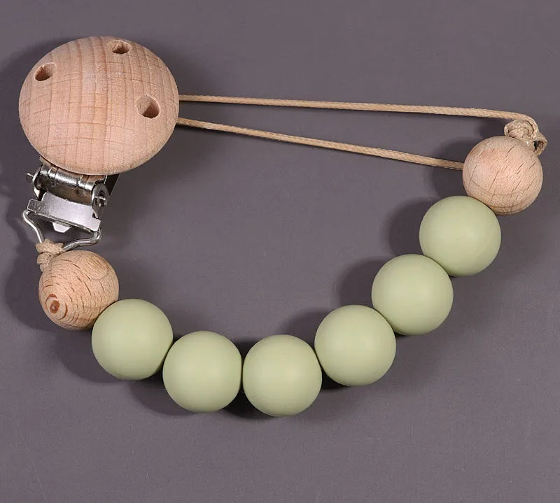 Baby Pacifier Clip Wood Color Silicone Bead Infant Teether Soother Anti-drop Chain Newborn Safe Teething Toy Dummy Nipple Holder