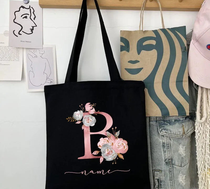 New Black Personalized Customized Name Fashion Women Pink Flower Letter Canvas Bag Leisure Shopping Large Capacity Folding Gift