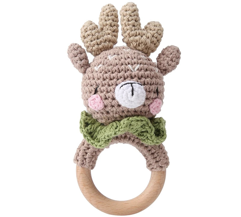 1PC Crochet Animal Bear Rattle Toy Soother Bracelet Wooden Teether Ring Baby Product Mobile Pram Crib Wooden Toys Newborn Gifts