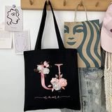 New Black Personalized Customized Name Fashion Women Pink Flower Letter Canvas Bag Leisure Shopping Large Capacity Folding Gift