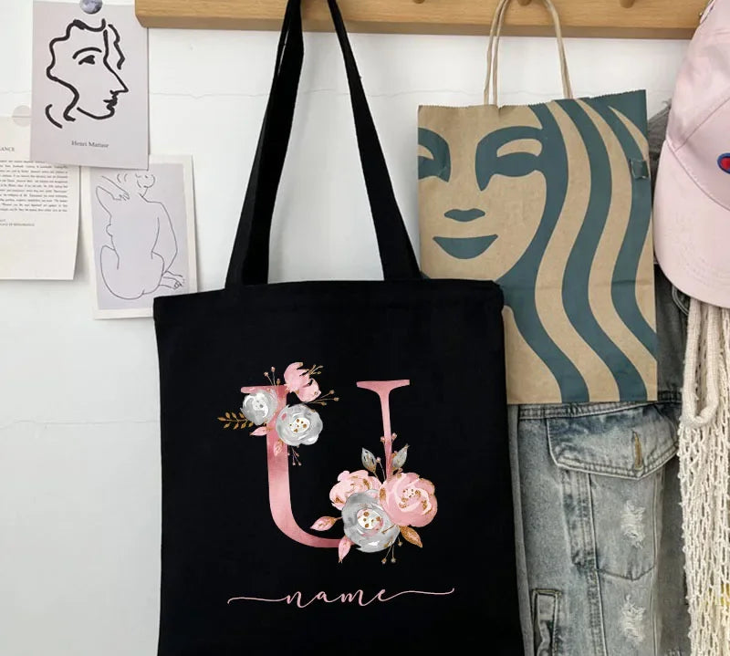 New Black Personalized Customized Name Fashion Women Pink Flower Letter Canvas Bag Leisure Shopping Large Capacity Folding Gift