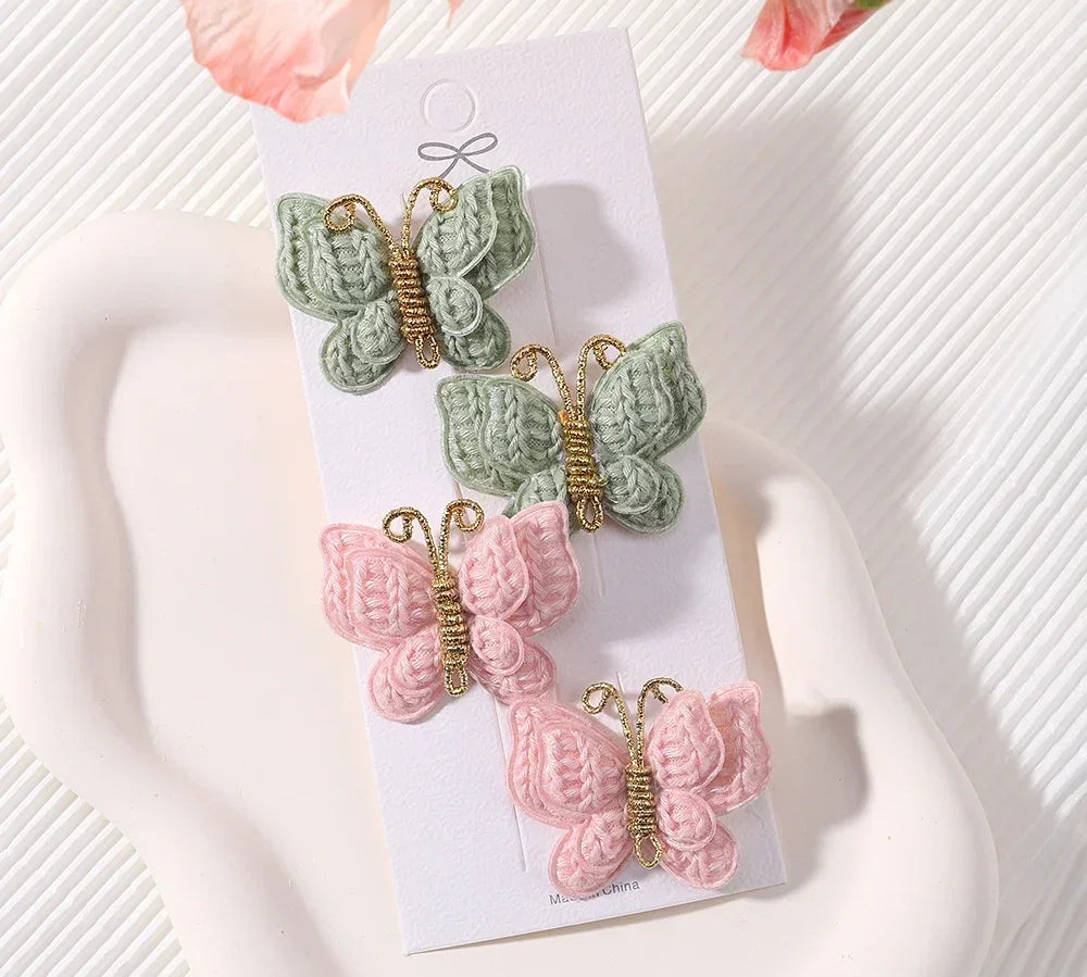 4 Pieces/set New Cute Baby Girl Bow Hairpin Wool Knitted Headwear Handmade Crochet Butterfly Hairpin Children's Hair Accessories