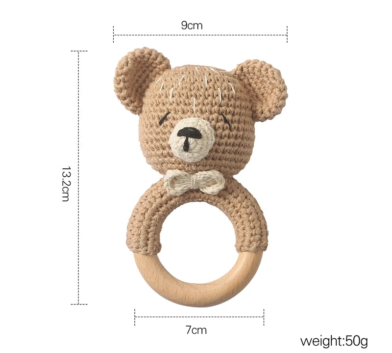 1PC Crochet Animal Bear Rattle Toy Soother Bracelet Wooden Teether Ring Baby Product Mobile Pram Crib Wooden Toys Newborn Gifts