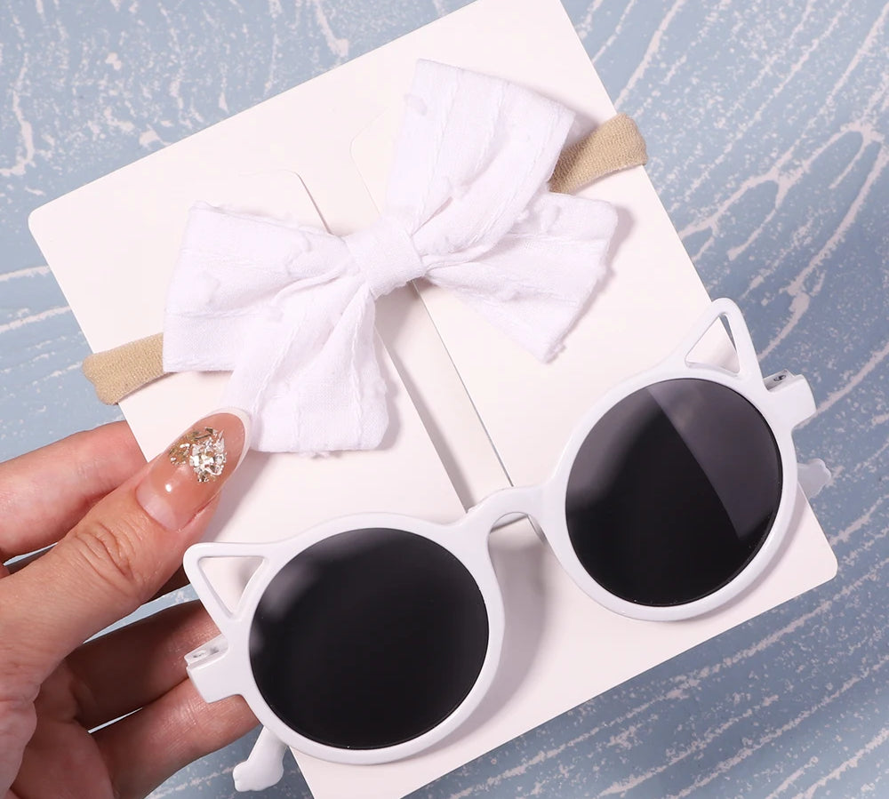 2Pcs/Pack Vintage Kids Summer Bows Headband Round Sunglasses Children Sun Glasses Protection Glasses Baby Hair Accessories