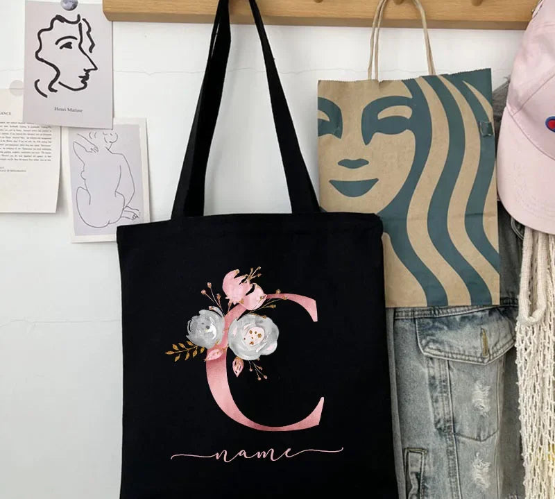 New Black Personalized Customized Name Fashion Women Pink Flower Letter Canvas Bag Leisure Shopping Large Capacity Folding Gift