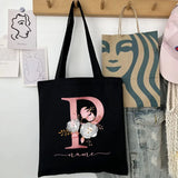 New Black Personalized Customized Name Fashion Women Pink Flower Letter Canvas Bag Leisure Shopping Large Capacity Folding Gift