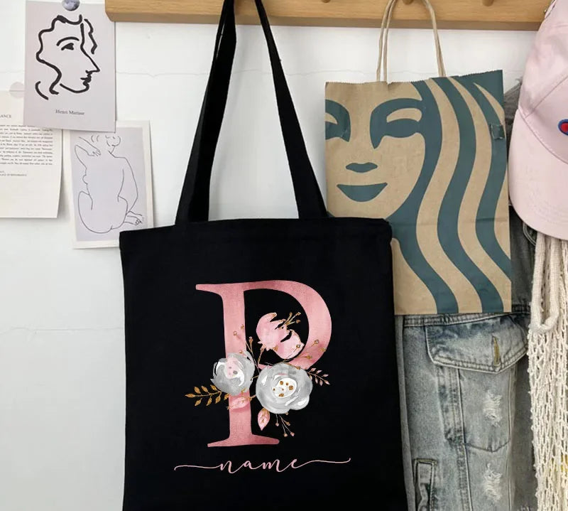 New Black Personalized Customized Name Fashion Women Pink Flower Letter Canvas Bag Leisure Shopping Large Capacity Folding Gift