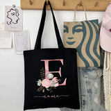 New Black Personalized Customized Name Fashion Women Pink Flower Letter Canvas Bag Leisure Shopping Large Capacity Folding Gift