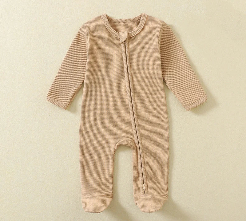 Organic Cotton Baby Rompers Waffle 100% Cotton Infant Boys Girls Jumpsuit Zipper Footed Solid Long-Sleeve Pajamas Sleepsuits