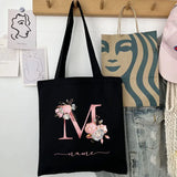 New Black Personalized Customized Name Fashion Women Pink Flower Letter Canvas Bag Leisure Shopping Large Capacity Folding Gift