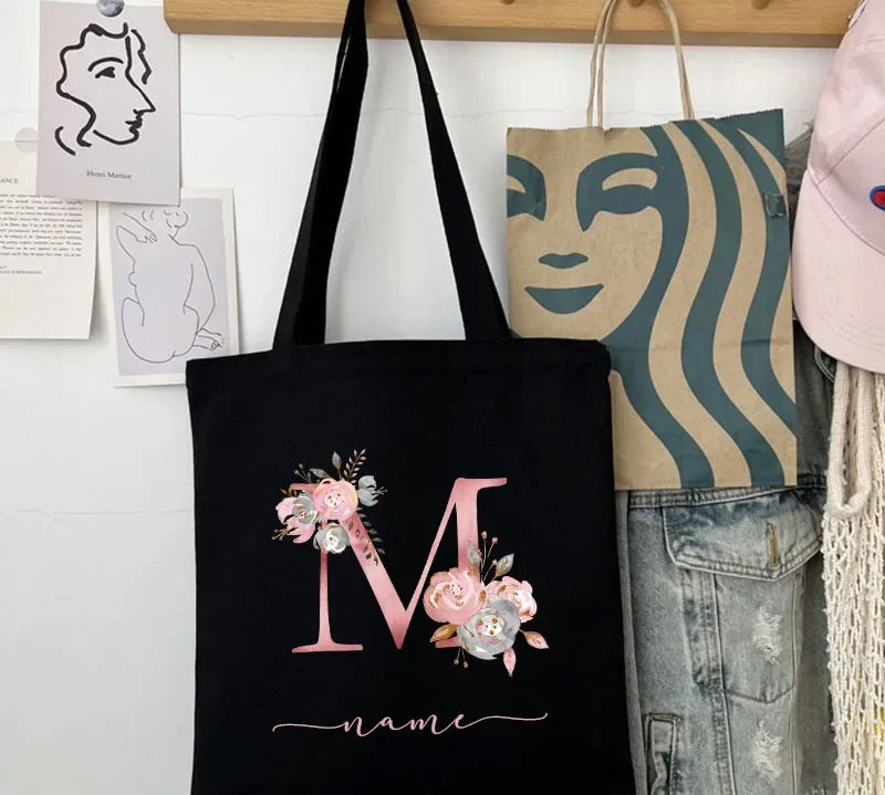 New Black Personalized Customized Name Fashion Women Pink Flower Letter Canvas Bag Leisure Shopping Large Capacity Folding Gift