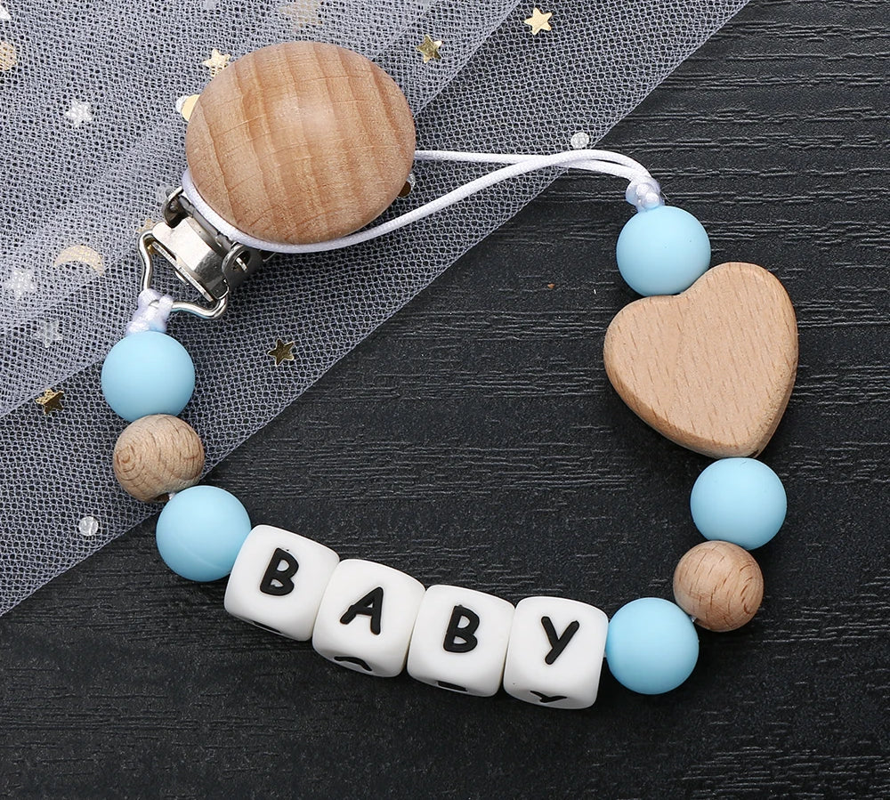 Fashion Personalized Name Baby Pacifier Clips Wooden Dummy Nipple Holder Clip Chain Silicone Letter Beads Newborn Teething Toys