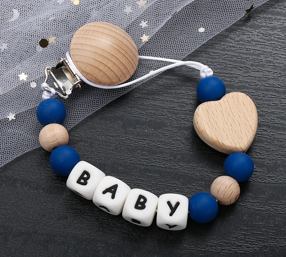 Fashion Personalized Name Baby Pacifier Clips Wooden Dummy Nipple Holder Clip Chain Silicone Letter Beads Newborn Teething Toys