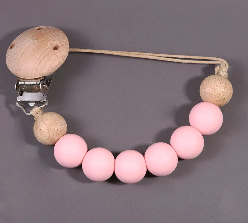 Baby Pacifier Clip Wood Color Silicone Bead Infant Teether Soother Anti-drop Chain Newborn Safe Teething Toy Dummy Nipple Holder