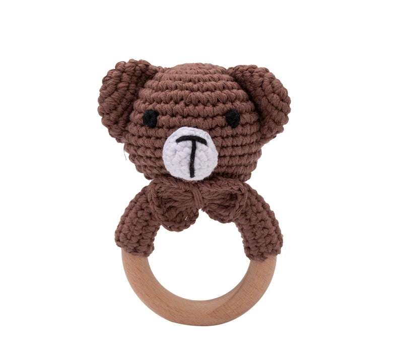 1PC Crochet Animal Bear Rattle Toy Soother Bracelet Wooden Teether Ring Baby Product Mobile Pram Crib Wooden Toys Newborn Gifts