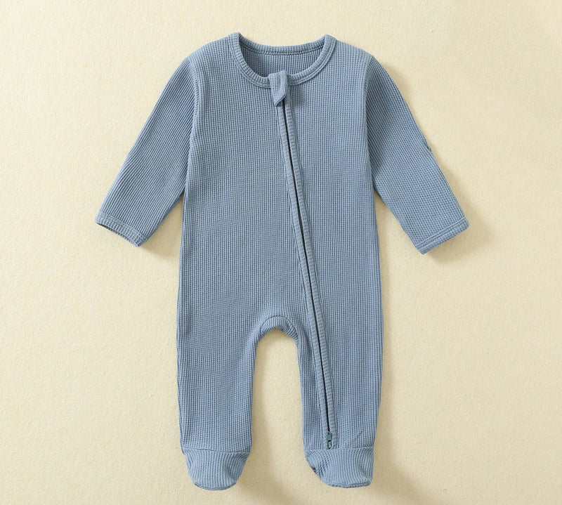 Organic Cotton Baby Rompers Waffle 100% Cotton Infant Boys Girls Jumpsuit Zipper Footed Solid Long-Sleeve Pajamas Sleepsuits