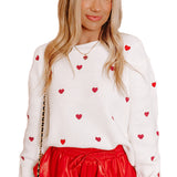 Rose Red Heart Pattern Drop Shoulder Round Neck Sweater