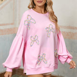 Light Pink Sweet Bow Lantern Sleeve Oversized Pullover Sweatshirt