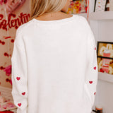 Rose Red Heart Pattern Drop Shoulder Round Neck Sweater