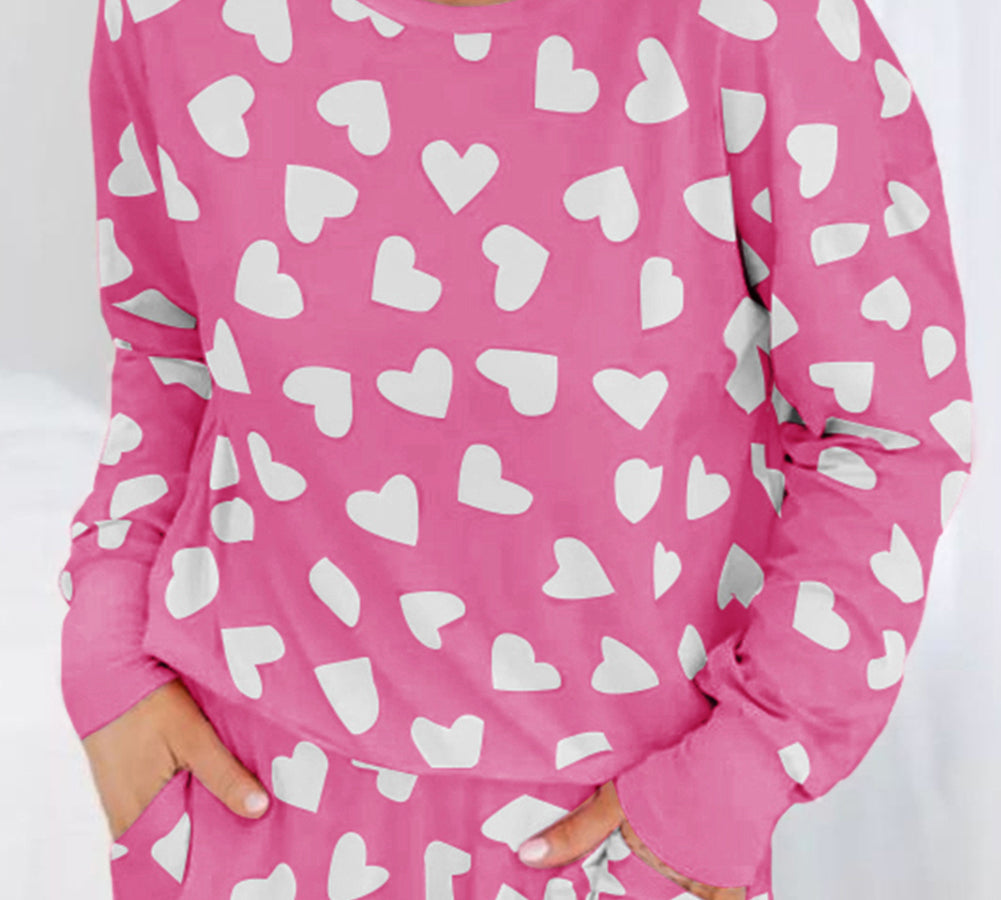 Pink Heart Print Long Sleeve Top and Shorts Loungewear Set