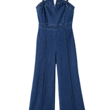 Sail Blue Seamed Zipper Spaghetti Strap High Waist Flared Jumpsuit