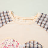 Beige Plaid Floral Patchwork Heart Long Sleeve Top