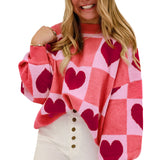 Pink Plus Size Heart Checkered Colorblock Lantern Sleeve Sweater