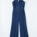 Sail Blue Seamed Zipper Spaghetti Strap High Waist Flared Jumpsuit