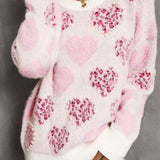 Pink Heart Leopard Print Pearled Ribbed Trim Fuzzy Sweater