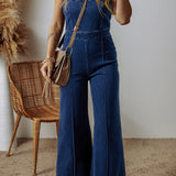 Sail Blue Seamed Zipper Spaghetti Strap High Waist Flared Jumpsuit