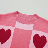 Pink Plus Size Heart Checkered Colorblock Lantern Sleeve Sweater