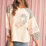 Beige Plaid Floral Patchwork Heart Long Sleeve Top