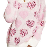 Pink Heart Leopard Print Pearled Ribbed Trim Fuzzy Sweater