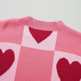 Pink Plus Size Heart Checkered Colorblock Lantern Sleeve Sweater