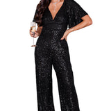 Black Sequin V Neck Flutter Sleeve Wide Leg Jumpsuit