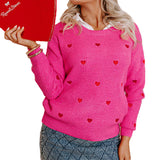 Rose Red Heart Pattern Drop Shoulder Round Neck Sweater